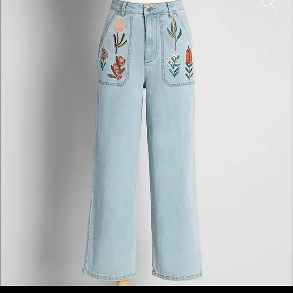 MODCLOTH PRINCESS HIGHWAY Embroidered High-Waisted Wide Leg Denim Jeans